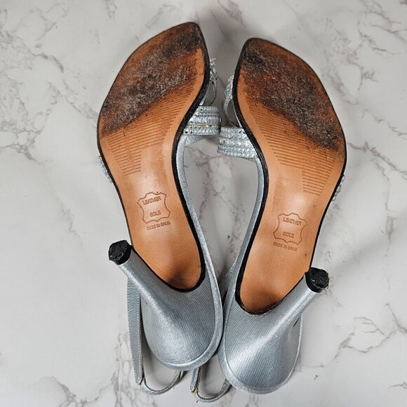 Stuart Weitzman Vintage Silver Leather Crystal Beaded Sling Back Heels Women 8B‎ - Picture 6 of 11